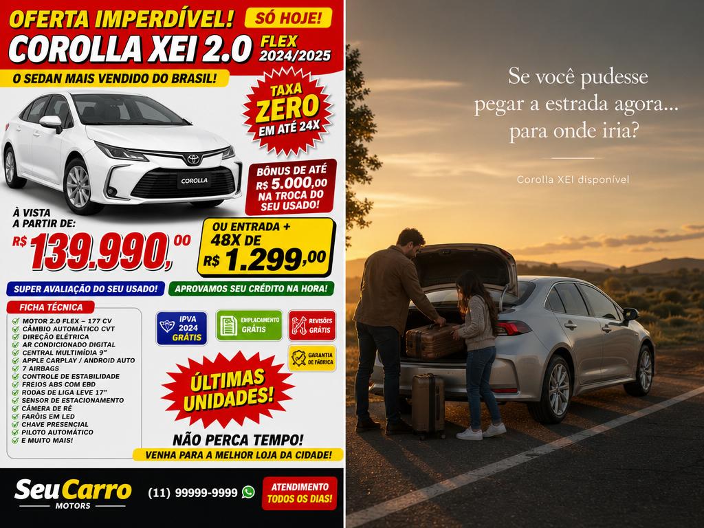 Comparação entre um anúncio comum de carro e uma cena de casal viajando ao pôr do sol