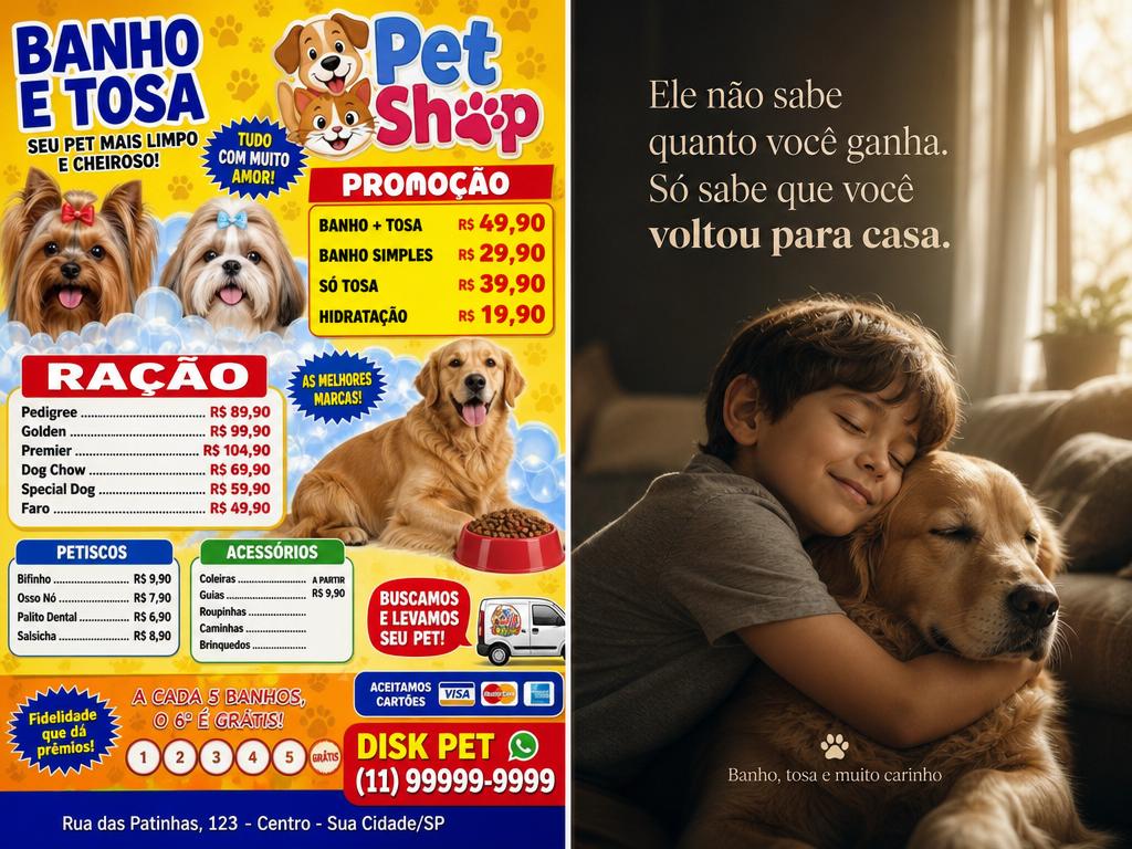 Comparação entre um panfleto comum de pet shop e uma cena de criança abraçando seu cachorro