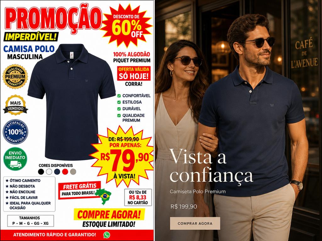 Comparação entre um panfleto poluído de camisa polo e um anúncio cinematográfico elegante